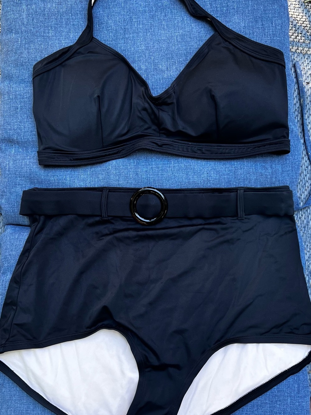 Black High-Waist Bikini Set with Belted Detail